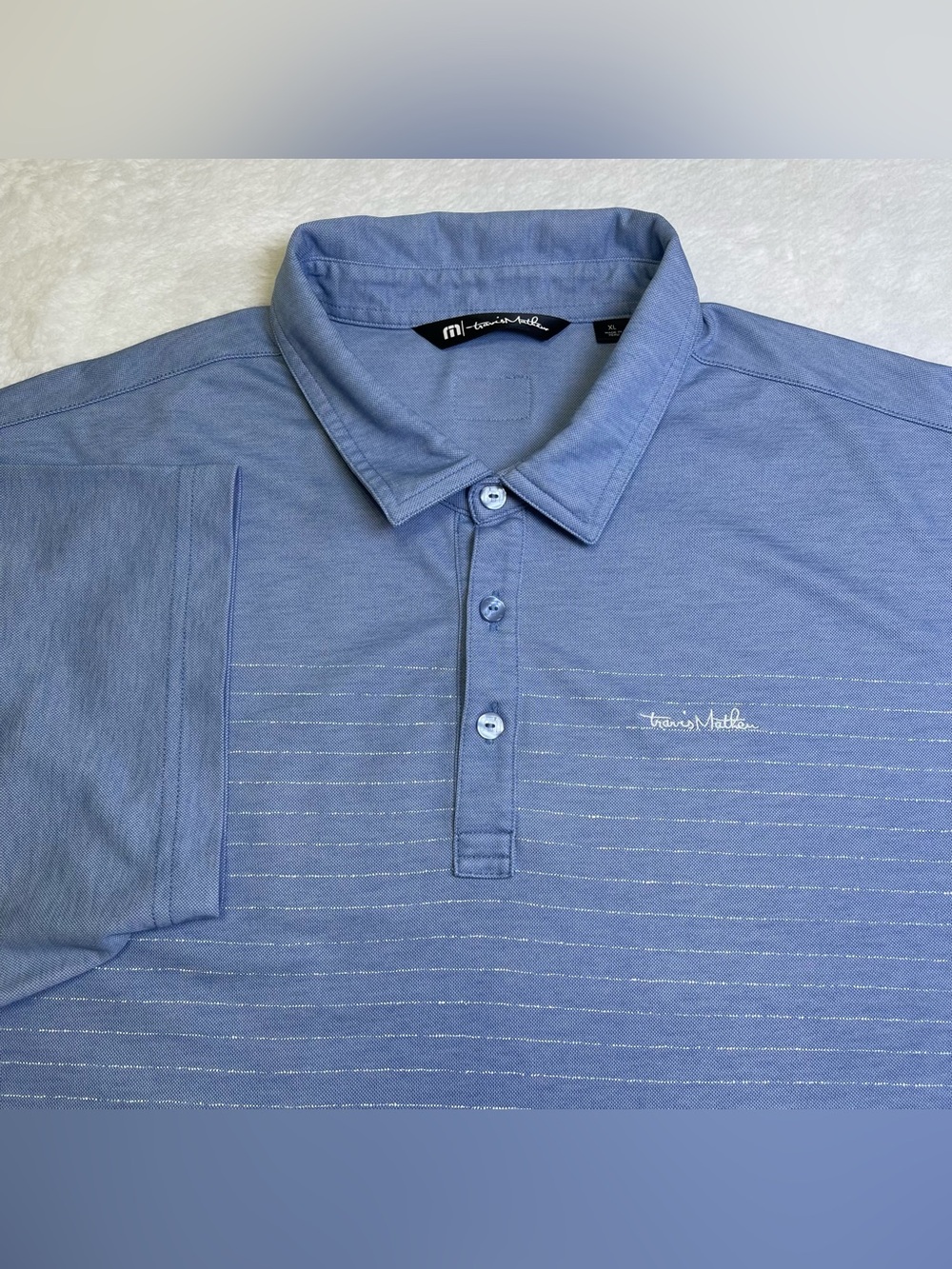 Travis Mathew Men XL Blue Striped Golf Polo Shirt Texas State Flag Patch